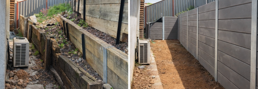 Concrete sleeper retaining wall professionally designed and placed to manage sloped land and improve site stability in Victoria